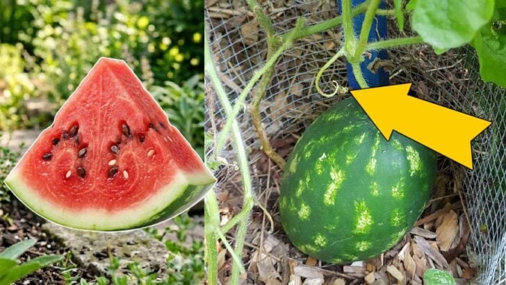 Collage showing ripe watermelon in garden and slice of watermelon fruit.