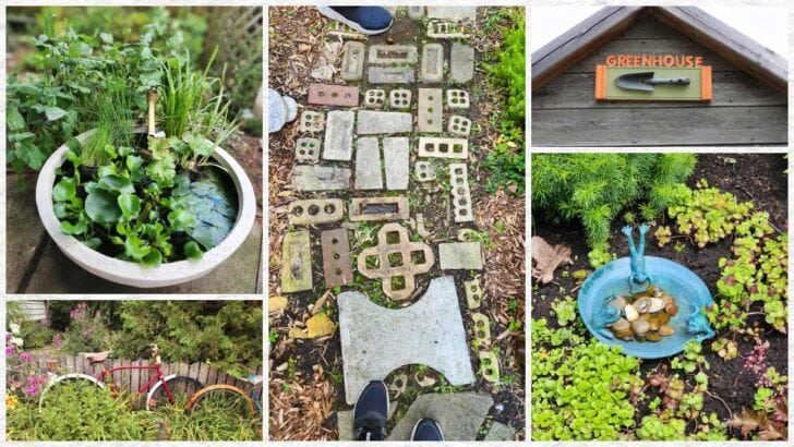Collage of imaginative garden art ideas