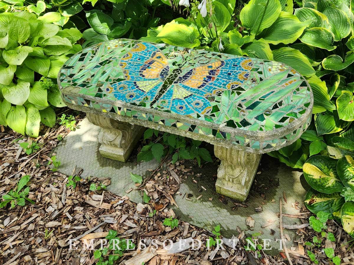 Concrete garden bench with glass mosaic decoration