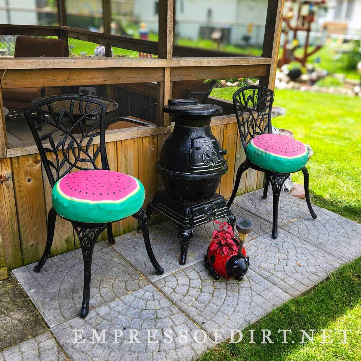 Garden chairs with hand-painted watermelon cushions