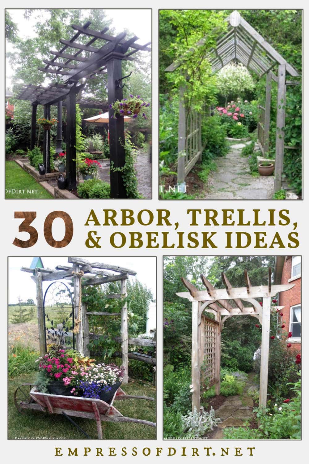 Various arbors, trellises, and obelisks in home gardens.