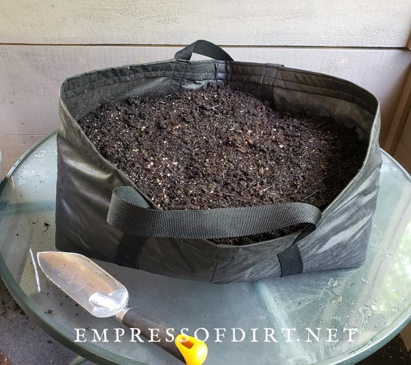 Rectangular grow bag made from landscape fabric.