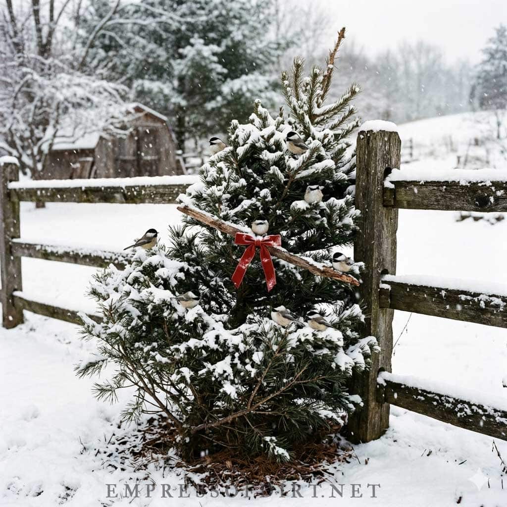 Christmas tree used to shelter birds from winter snow.