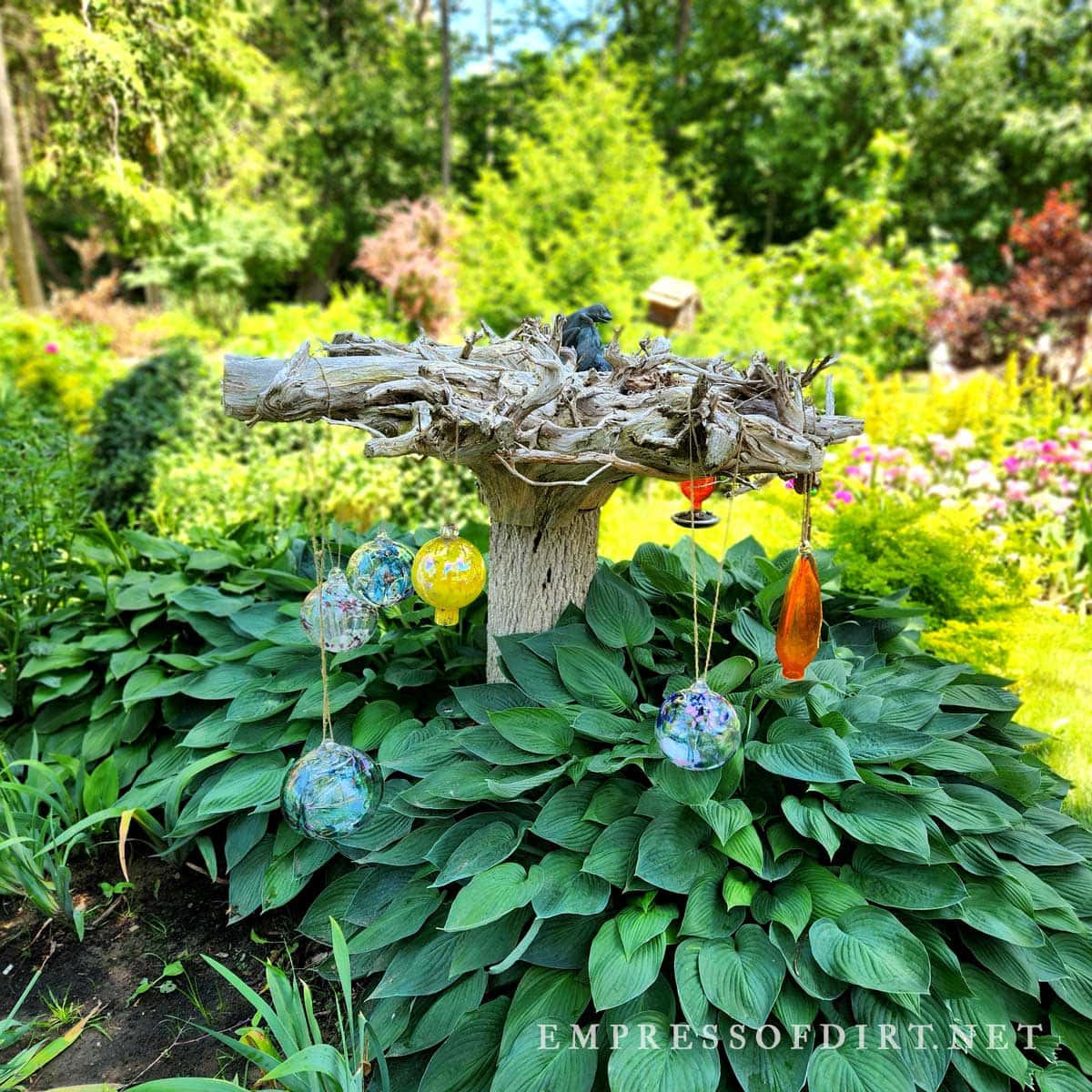 Old ornamental tree holding hanging garden art